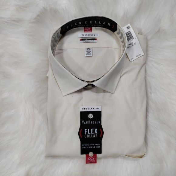 NWT VanHeusen Flex Collar Off White Button Down Shirt 18.5  36-37 - Picture 1 of 4